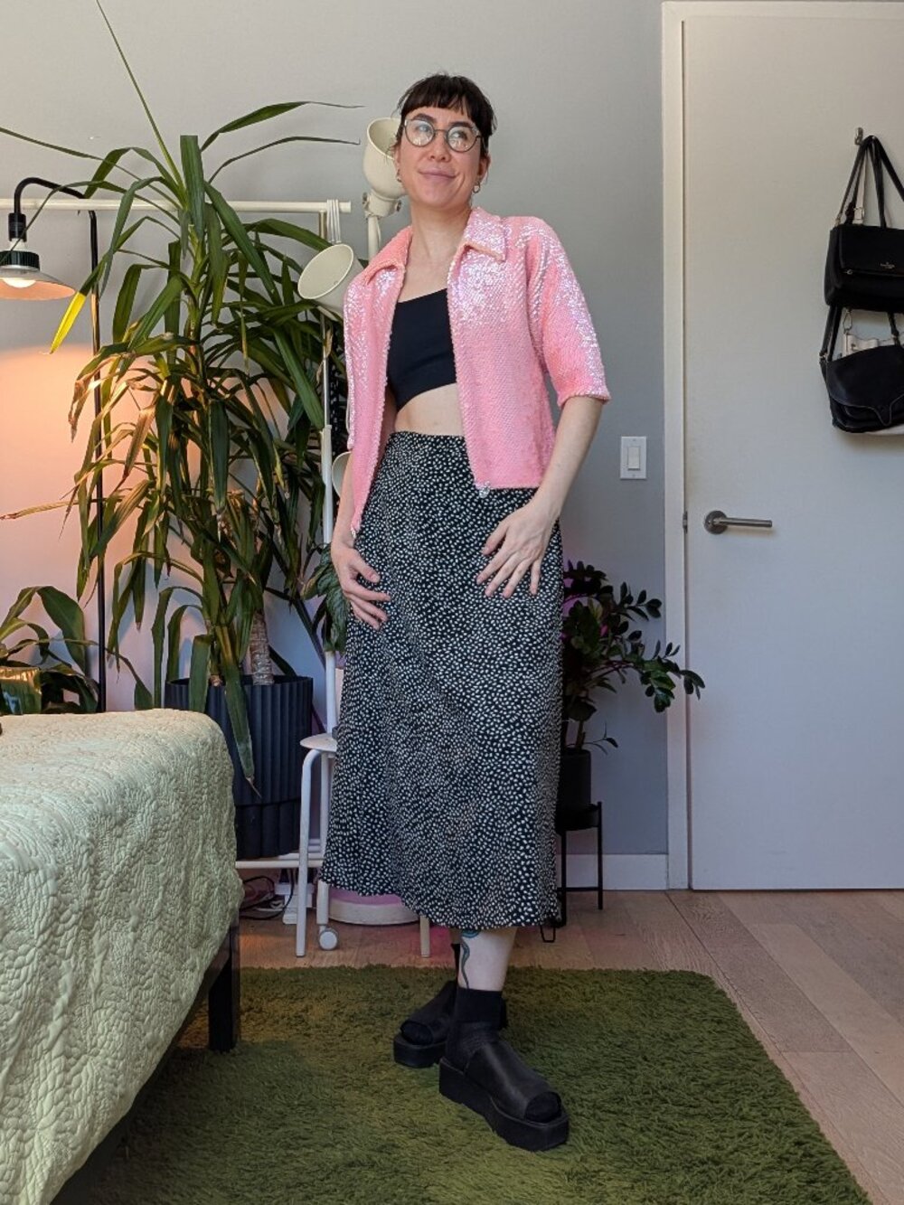 Baby pink sequin cardigan with collar, size small (estimated)